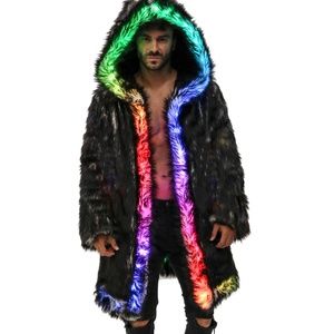FURROCIOUS FURR Men’s Faux Fur LED Black White  Coat for Festivals, Burning Man